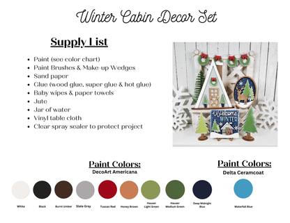 The Winter Cabin Decor Set by Janet's Craft Corner includes hand-painted craft items such as a delightful house, trees, and signs with "Welcome Winter" text. This DIY craft kit comes with a supply list and paint colors like white, black, olive green, and Tuscan red for your home décor projects.