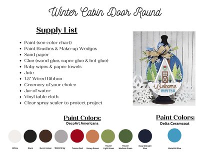 Janet's Craft Corner presents the "Winter Cabin Wall Hanger," a craft instruction sheet that includes a DIY Craft Kit with a supply list and color chart. It features an image of a hand-painted door decoration, capturing the essence of a cozy winter cabin with the word "Welcome," adorned with decorative elements. Ideal for enhancing your home décor projects.