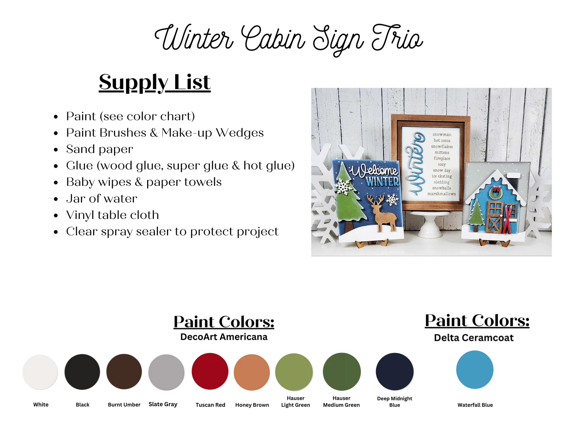 Create a crafting supply list for the "Welcome Winter Sign" project by Janet's Craft Corner, ideal for hand-painted home decor. This list includes a photo of three winter-themed signs and details all necessary supplies. It highlights paint colors from DecoArt Americana and Delta Ceramcoat, including white, black, and burnt umber.