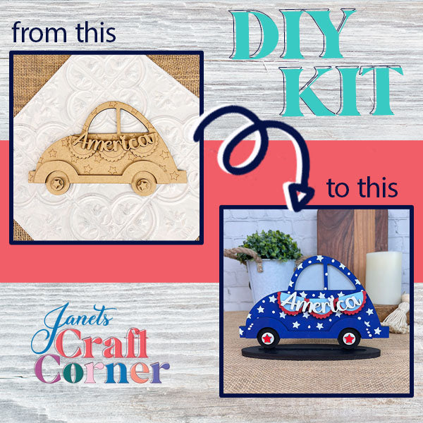 Experience the essence of Americana with the America Volkswagen DIY Kit. Watch as it transforms from an unpainted wooden car model on the left to a striking blue version decorated with stars on the right. The Janet's Craft Corner logo is elegantly displayed at the bottom, making it ideal for home décor enthusiasts.