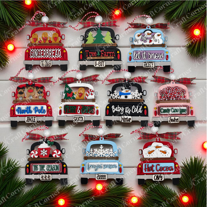 Collection of Christmas-themed truck ornaments on a decorative background with lights and greenery.