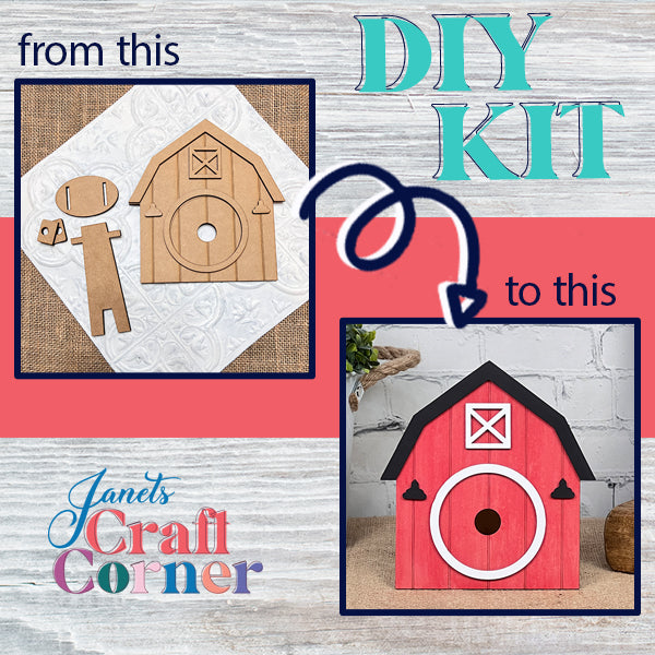 An advertisement for the Barn Interchangeable Set showcases a transformation from cardboard cutout pieces to a finished red barn-shaped birdhouse. The text features "from this to this" with an arrow connecting the images. "Janet's Craft Corner" is displayed in vibrant letters, making it an ideal addition to your home décor or use as part of the Barn Interchangeable Set.