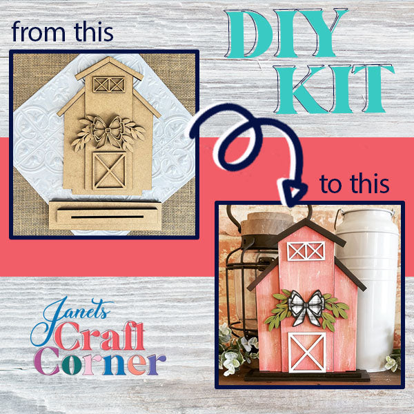 A promotional image from Janet's Craft Corner showcases the rustic appeal of their Barn Shelf Sitter DIY Kit. It beautifully illustrates the transformation from an unfinished wooden piece to a charming pink decoration, complete with a white bow and leaves, guided by an arrow labeled "from this" to "to this.