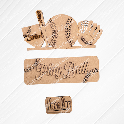 Introducing Janet's Craft Corner's Baseball Interchangeable Insert, a DIY home decor kit featuring laser-cut wooden decorations with baseball-themed designs such as a cap, bat, ball, and glove. This kit includes texts like "Strike," "Play Ball," and "Home Run," all set against a textured background for the ultimate crafting experience.