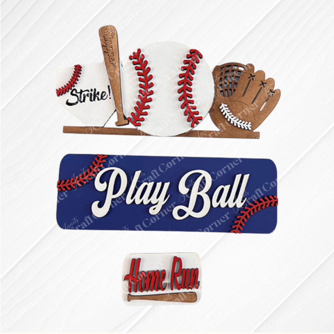 Discover Janet's Craft Corner's Baseball Interchangeable Insert, a DIY home decor kit featuring baseball-themed decorations. This set includes a ball, glove, bat, and cap with the phrases "Strike!" and "Play Ball" on a blue background and "Home Run" on a white backdrop. It's perfect for celebrating your love for the game as an interchangeable decor piece or a fun DIY craft project.