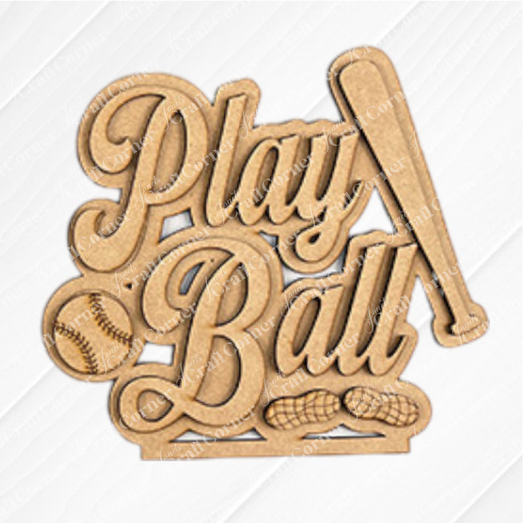 The Baseball Mini Shelf Sitters - Spring DIY Craft Kit by Janet's Craft Corner features a wooden "Play Ball" cutout in script with baseball, bat, and peanuts—ideal for baseball-themed home décor or DIY crafts. Choose from 3 designs.