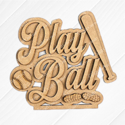 The Baseball Mini Shelf Sitters - Spring DIY Craft Kit by Janet's Craft Corner features a wooden "Play Ball" cutout in script with baseball, bat, and peanuts—ideal for baseball-themed home décor or DIY crafts. Choose from 3 designs.