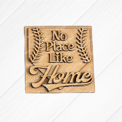 Janet's Craft Corner Baseball Mini Shelf Sitters Spring DIY Craft Kit offers 3 design choices, such as "No Place Like Home" with laurel branches—ideal for baseball-themed décor or DIY projects on a white textured backdrop.