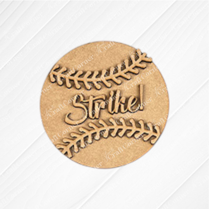 Janet's Craft Corner’s Baseball Mini Shelf Sitters – Spring DIY Craft Kit offers a round wooden baseball cutout with engraved "Strike!" and detailed stitching—perfect as charming home décor or for DIY crafts on any white textured surface. Choose from 3 designs!.