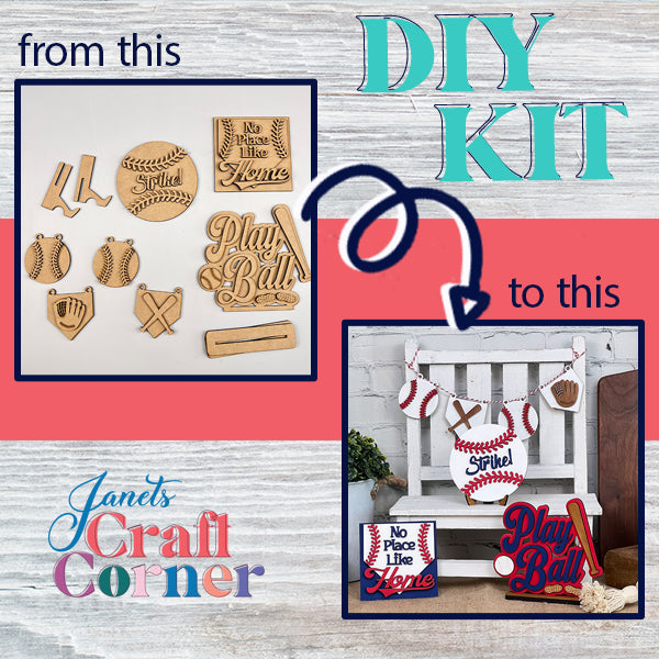 The image displays a Baseball Tiered Tray Set by Janet's Craft Corner on the left, featuring wooden pieces with baseball themes. On the right, completed home décor crafts showcase wall decorations, a garland, and plaques adorned with baseball motifs. Text indicates "from this to this," accompanied by an arrow leading from the kit to the finished crafts.