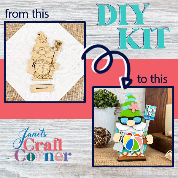 An advertisement for the Beach Gnome DIY craft kit illustrates the transformation from a wooden cutout of a gnome holding a surfboard and beach ball to its painted and assembled version. The text "from this to this" is accompanied by an arrow. Ideal for beach decor, the background showcases the Janet's Craft Corner logo.