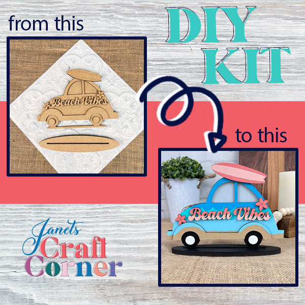 An advertisement for Janet's Craft Corner's Beach Vibes Volkswagen DIY Kit highlights the transformation of plain wooden pieces into a vibrant, assembled model car and surfboard featuring "Beach Vibes" text. It's ideal for Volkswagen enthusiasts who want to add a personalized charm to their home décor.