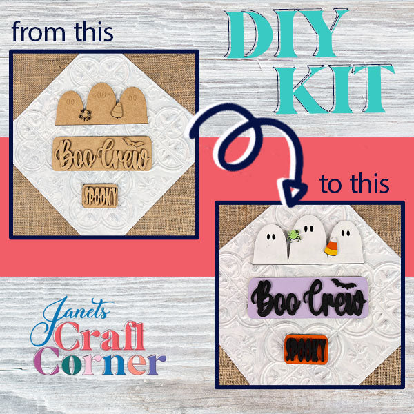 Discover the Boo Crew Interchangeable Insert DIY home decor kit from Janet's Craft Corner, featuring two creative stages. Start with wooden ghost and plaque cutouts in the "from this" phase and transform them into beautifully painted pieces adorned with ghosts, pumpkins, and messages like "Boo Crew" in the "to this" stage. Ideal for crafting unique interchangeable home decor.