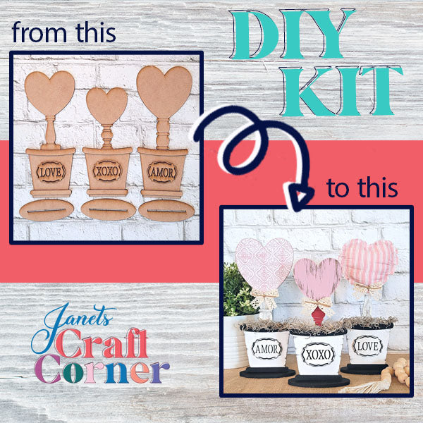 Transform the Bucket Heart Trio by Janet's Craft Corner: Personalize your own home décor using blank wooden heart and pot cutouts labeled "LOVE" and "AMOR," and bring them to life with colorful designs and added greenery. The background showcases wooden textures and soft colors, making it perfect for your custom craft kits.