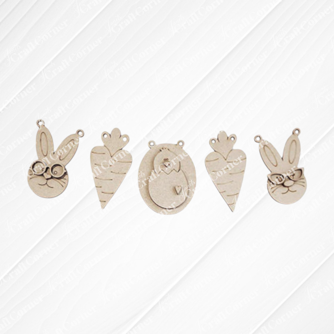 Janet's Craft Corner Easter Mini Shelf Sitters - Spring DIY Craft Kit features laser-cut wood shapes: bunny faces with glasses, carrots, and a hatching chick—choose from 3 designs for festive DIY Easter décor.