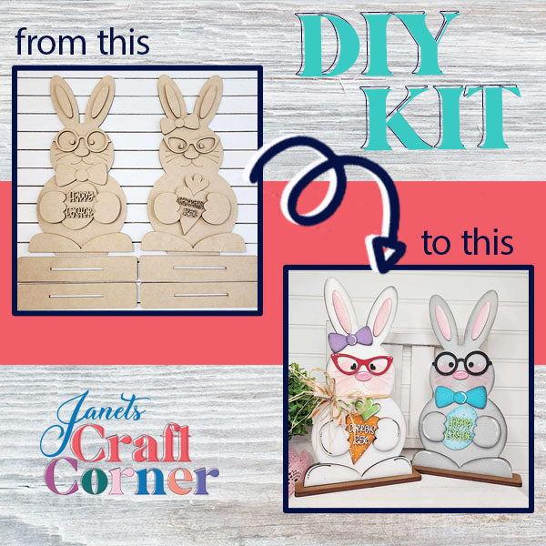 Elevate your home decor with Bunny Couple Shelf Sitters from Janet's Craft Corner! Our DIY Kit includes delightful wooden rabbits adorned with glasses and "Happy Easter" signs, ready for a transformation. On the left, they're plain and unadorned; on the right, they're vibrantly painted with colorful glasses, bows, and carrots.