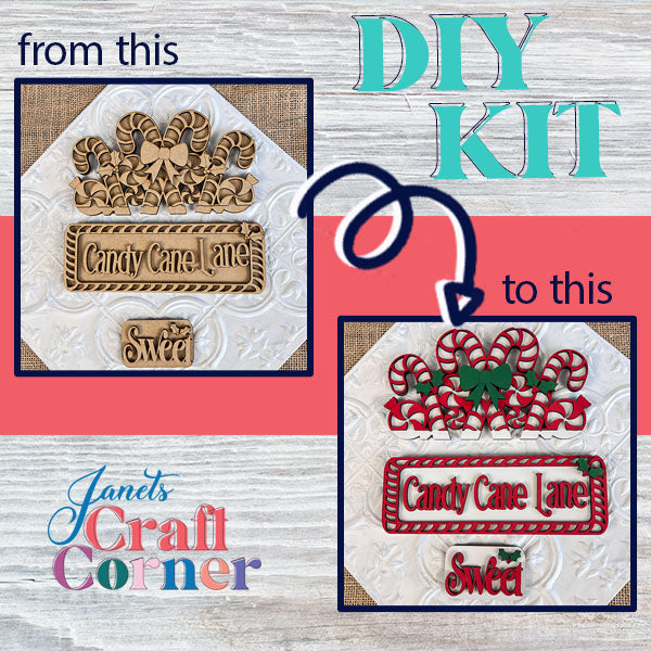 Explore the Candy Cane Lane Interchangeable Insert DIY home decor kit by Janet's Craft Corner, which transforms wooden pieces into a delightful "Candy Cane Lane" sign. This kit features festive candy canes, the word "Sweet" in vibrant colors, and an interchangeable insert. It also includes Janet's Craft Corner's signature arrow to guide your creative process.