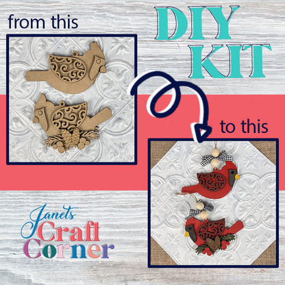 Two images capture a craft project transformation. The first image displays unassembled, unpainted bird-shaped cutouts, and the second showcases completed Cardinal Ornaments with vibrant red bodies and decorative patterns. The text reads "Cardinal Ornament | DIY Decoration Kits" and "Janet's Craft Corner," perfect for holiday décor.