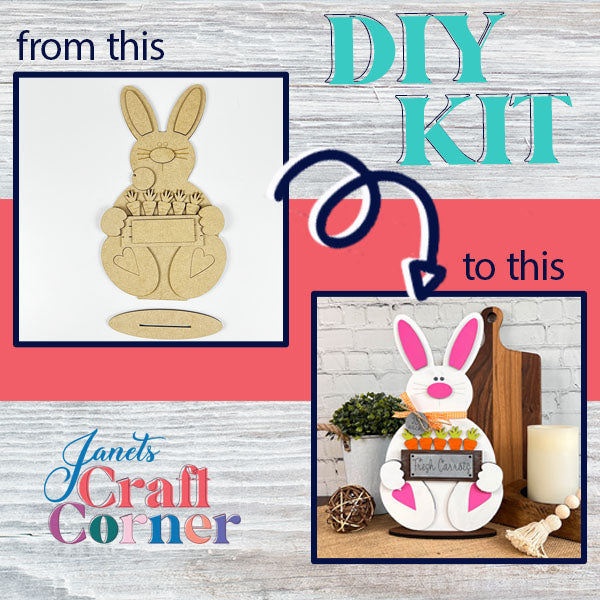 The image showcases a DIY kit featuring the Carrot Patch Bunny Shelf Sitter from Janet's Craft Corner. The wooden design is embellished with flowers, and the painted version sports pink accents while holding a "Happy Easter" sign. The text reads "from this" to "DIY KIT" to "this," making it an ideal addition to your home décor.