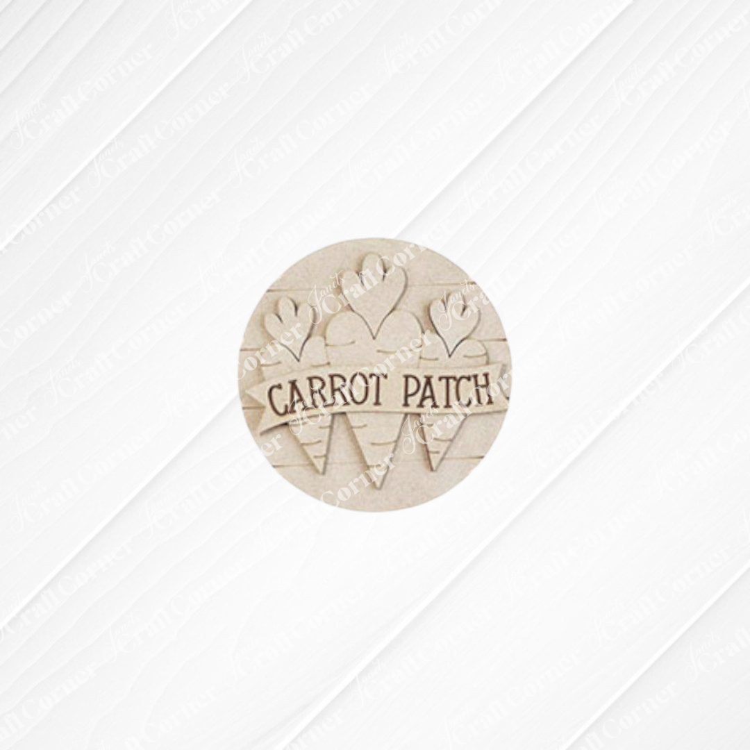 Janet's Craft Corner Easter Mini Shelf Sitters—Spring DIY Craft Kit. Features three carrots with heart-shaped tops and "CARROT PATCH" text on a textured white background. Choose from 3 designs for festive Easter décor or crafting fun!.