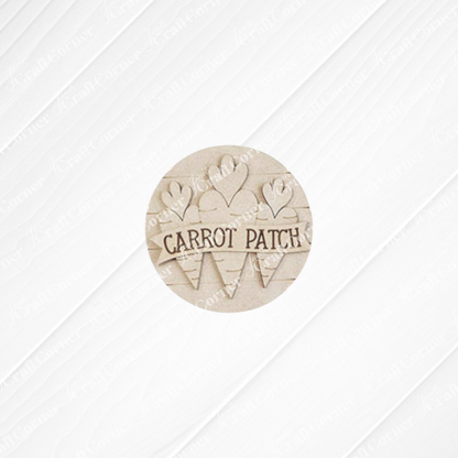 Janet's Craft Corner Easter Mini Shelf Sitters—Spring DIY Craft Kit. Features three carrots with heart-shaped tops and "CARROT PATCH" text on a textured white background. Choose from 3 designs for festive Easter décor or crafting fun!.