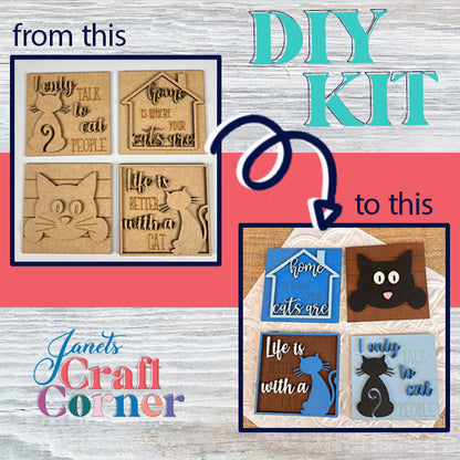 Janet's Craft Corner Cat Swappable Squares shows four unpainted wooden cat plaques on the left and the same pieces painted on the right, with an arrow highlighting their DIY decor transformation.