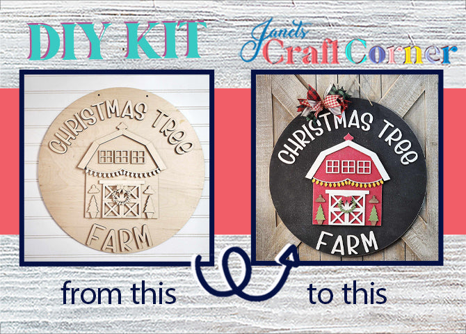 The image displays Janet's Craft Corner's Christmas Tree Farm Door Hanger DIY kit. On the left is an unfinished wood barn cutout with text; on the right, a painted version in red, white, and black with bows and greenery for holiday cheer.