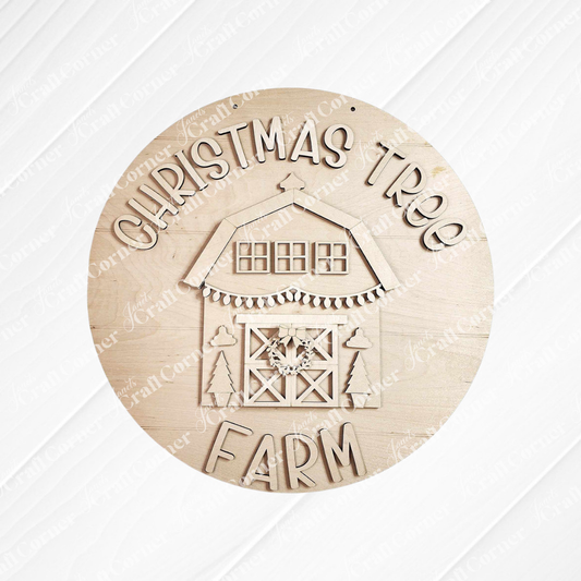 The Christmas Tree Farm Door Hanger DIY Decor Kit by Janet's Craft Corner features the phrase "Christmas Tree Farm" surrounding a barn design. This delightful home décor piece displays a garland wreath on the door, accompanied by two Christmas trees, all in a natural wood finish, perfect for a hand-painted DIY craft project.