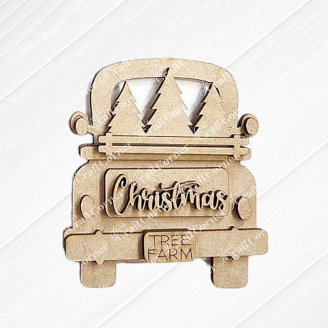 Janet's Craft Corner Country Christmas Ornaments are DIY holiday craft kits (set of 6) featuring vintage trucks with "Christmas" tailgates, "Tree Farm" signs, and white backgrounds—perfect for charming farmhouse Christmas decor.