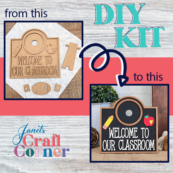 The "Welcome to Our Classroom Interchangeable Set" from Janet's Craft Corner includes raw wooden pieces featuring text and decorative elements like an apple and pencil. The finished sign displays painted designs, making it the ideal DIY kit for infusing a personal touch into your home décor.