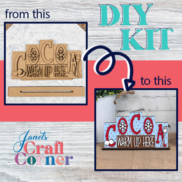 A collage beautifully displays the transformation of the Cocoa Mini Word Block Shelf Sitter from Janet's Craft Corner. On the left, unassembled wooden pieces spell "COCOA WARM UP HERE." On the right, the festive block is skillfully painted and displayed against a brick wall, adding a personalized home decor touch with "Janet's Craft Corner" text included.