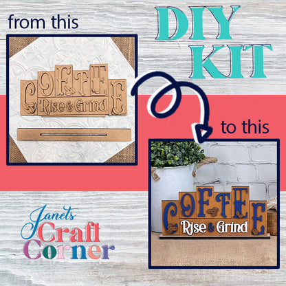 DIY kit transformation image featuring the "Coffee Mini Word Block" from Janet's Craft Corner. The before shot displays the block in its natural wooden form, while the after shot reveals it beautifully painted and embellished with plant accents—ideal for enhancing your home decor. Text: "Janet's Craft Corner, from this to this.