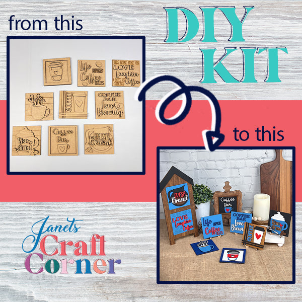 Image of Janet's Craft Corner Coffee Swappable Squares DIY kit: on the left, plain engraved boards; on the right, the same boards brightly painted—a perfect seasonal home decor craft project for coffee lovers.