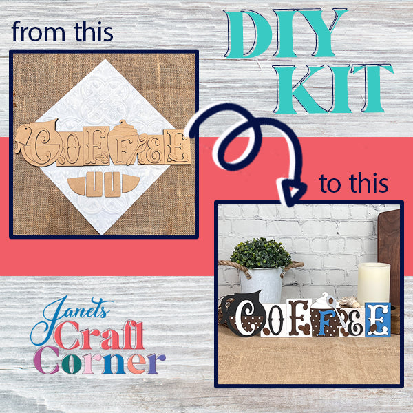 A DIY kit from Janet's Craft Corner features the "Coffee Word Block" adorned with decorative details set against a textured backdrop. An arrow invites you to view the finished piece in a minimalist environment, enhanced by home décor items such as a plant and candle.