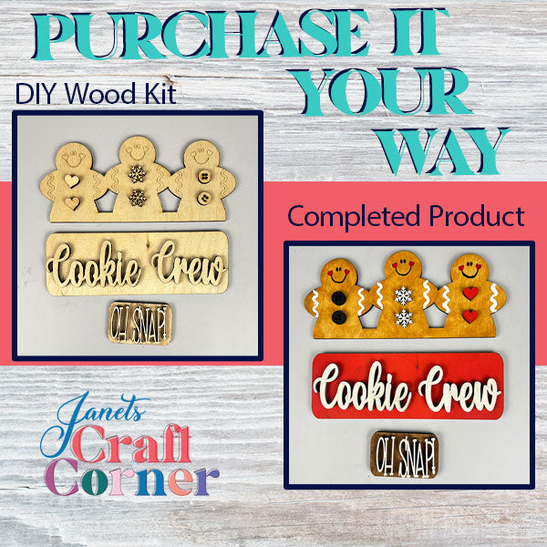 A comparison of the Cookie Crew Interchangeable Insert DIY home decor kit by Janet's Craft Corner and the finished product highlights the transformation from wooden cutouts of gingerbread men and signs like "Cookie Crew" and "Oh Snap" into beautifully painted, decorative pieces. This interchangeable decor adds charm to any festive setting.