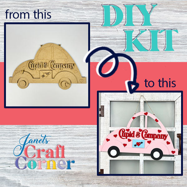 Elevate a basic wooden car cutout into a colorful DIY Door Hanger using our Cupid Volkswagen Door/Wall Hanger kit. Featuring charming hearts and "Cupid & Company" text, it infuses any room with style. The kit guides you from the initial stage to the finished masterpiece effortlessly. Offered by Janet's Craft Corner, it's ideal for those passionate about distinctive home décor.