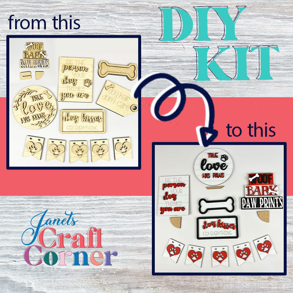 Janet's Craft Corner presents the perfect DIY experience with their "Dog Lover Tiered Tray Kit." The first image showcases wooden cutouts adorned with dog-themed phrases, bones, and hearts. In the next image, these cutouts are creatively painted in red, black, and white hues. Ideal for decor enthusiasts who love dogs!