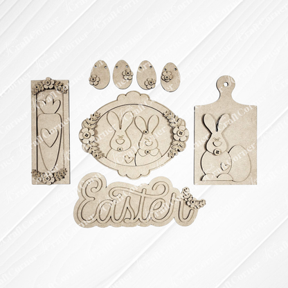 Janet's Craft Corner Easter Decor Set features laser-cut wooden shapes—bunnies, eggs, carrot, flowers, and "Easter" in cursive. Ideal DIY craft kit for creating personalized seasonal home decor. Choice of 5 designs included.