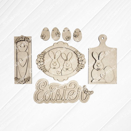 Janet's Craft Corner Easter Decor Set features laser-cut wooden shapes—bunnies, eggs, carrot, flowers, and "Easter" in cursive. Ideal DIY craft kit for creating personalized seasonal home decor. Choice of 5 designs included.