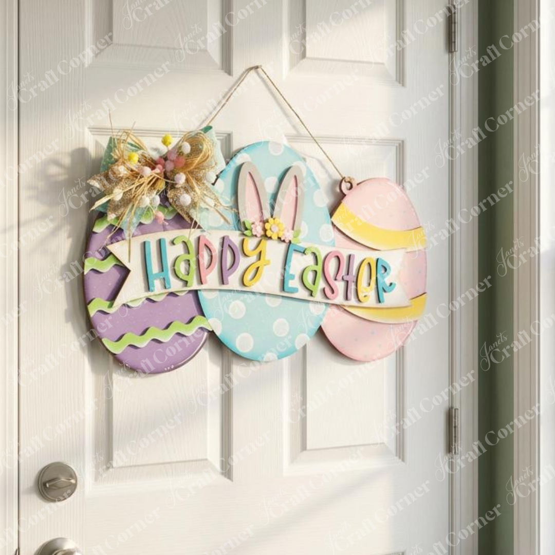 The Easter Egg Sign by Janet's Craft Corner features a trio of egg designs decorated with vibrant patterns and a cheerful "Happy Easter" message. It is embellished with charming bunny ears, flowers, and a gingham ribbon, perfectly complementing your Easter décor shown hanging on an apartment doors.