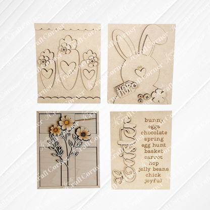 Janet's Craft Corner Easter Switchable Farmhouse Signs—Spring DIY Craft Kit—offers 4 beige Kraft cards with laser-cut Easter designs: flowers on a cross, bunny with "hop," three carrots, and festive words for charming farmhouse décor.