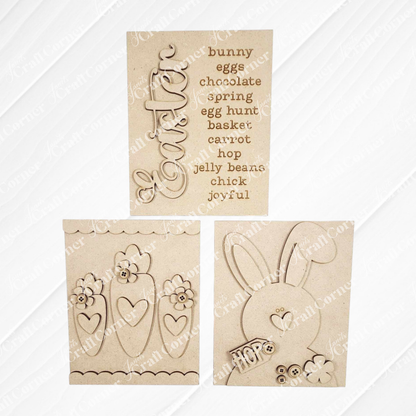 Janet's Craft Corner Easter Switchable Farmhouse Signs—Spring DIY Craft Kit offers 3 laser-cut designs: festive Easter words, carrots with flowers, and a bunny face saying "hop," perfect as signs or craft pieces for holiday décor.