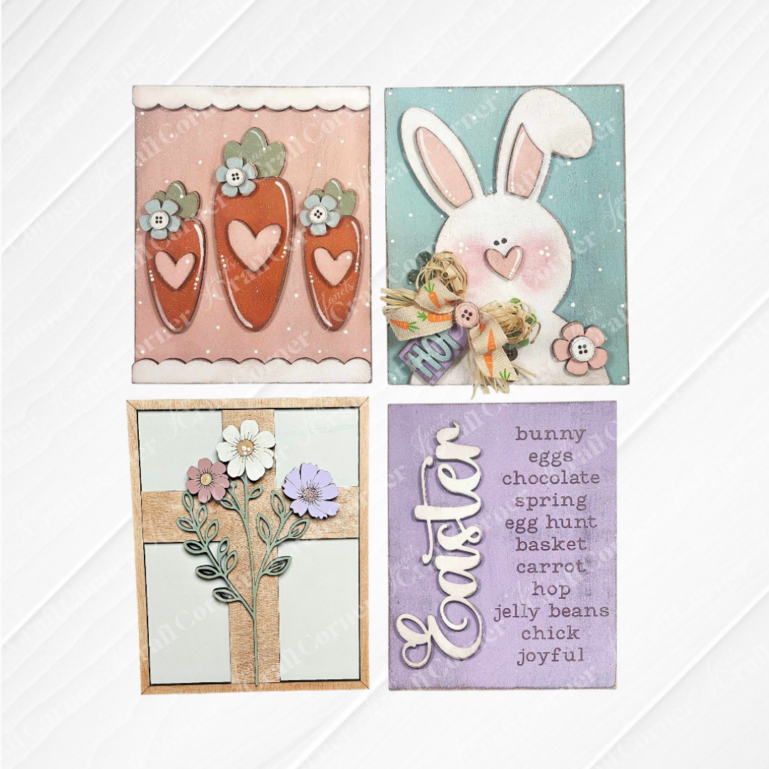 Janet's Craft Corner Easter Switchable Farmhouse Signs Spring DIY Craft Kit offers 4 designs—carrots with hearts, a bunny, a floral cross, and "Easter" with seasonal wordson purple—all in a charming grid. Perfect for seasonal home décor or craft projects.