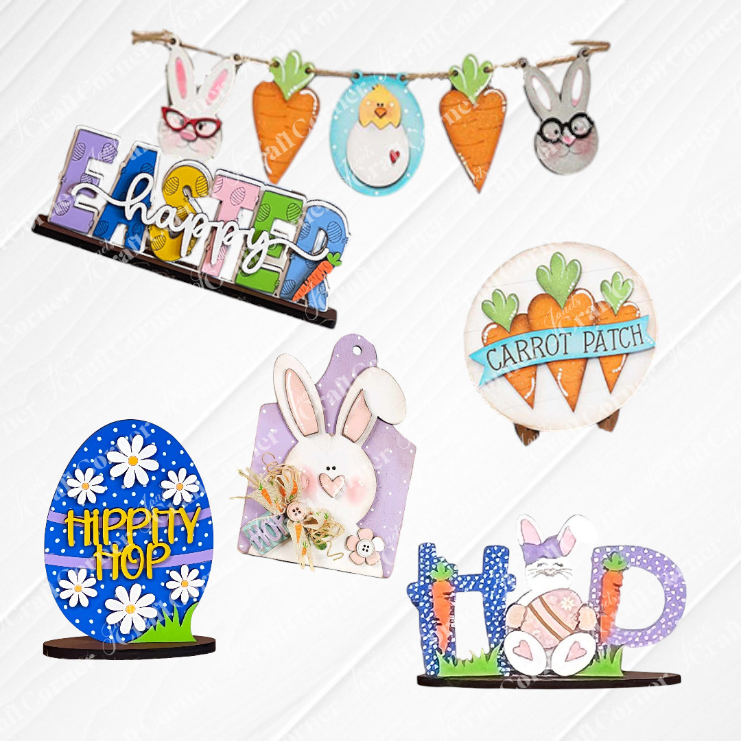Brighten your home with Janet's Craft Corner Easter Mini Shelf Sitters DIY Kit, featuring a choice of 3 colorful designs—bunnies, eggs, carrots, and spring-themed signs. Perfect for festive Easter décor!.