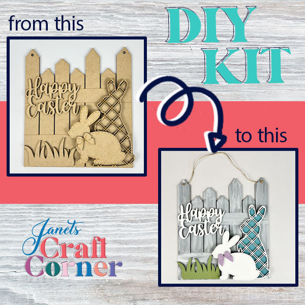 A DIY craft kit from Janet's Craft Corner featuring the Easter Picket Fence Door Hanger. The "before" image shows simple wooden cutouts, while the "after" image displays a beautifully painted and decorated version with the words "Happy Easter" and vibrant accents. Arrows emphasize the transformation into charming home décor.