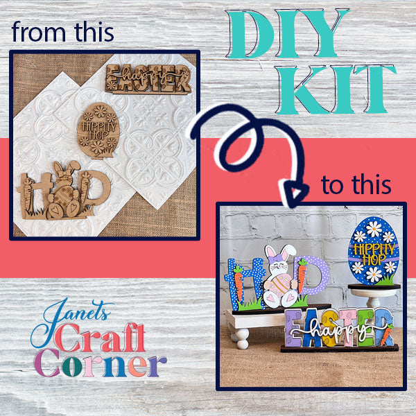 A graphic features the transformation of a DIY kit from Janet's Craft Corner. On the left, unpainted wooden "Easter Trio Mini Shelf Sitters" are shown. On the right, these cutouts have been transformed into colorful Easter decor, creatively painted and arranged. Text reads "from this" and "to this," with arrows directing between images.