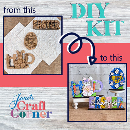 A graphic features the transformation of a DIY kit from Janet's Craft Corner. On the left, unpainted wooden "Easter Trio Mini Shelf Sitters" are shown. On the right, these cutouts have been transformed into colorful Easter decor, creatively painted and arranged. Text reads "from this" and "to this," with arrows directing between images.