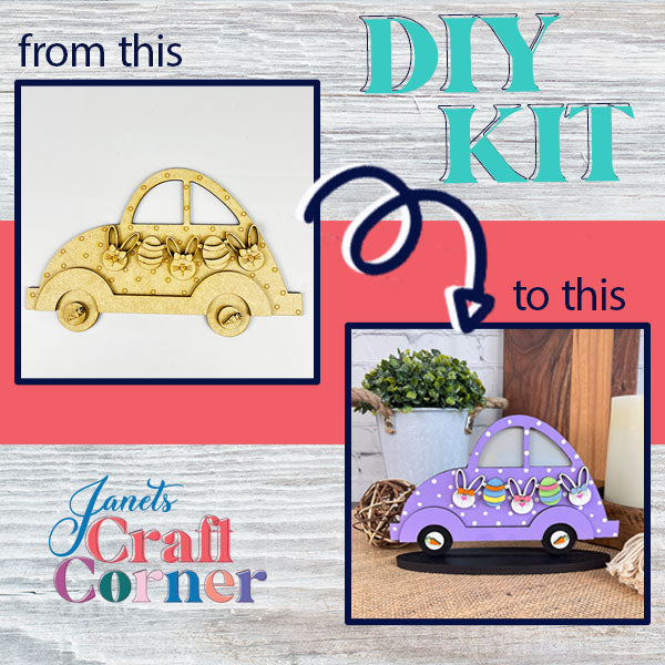 Witness the transformation of the Easter Volkswagen Shelf Sitter at Janet's Craft Corner! On the left, see a wooden cutout featuring bunny designs in a vibrant spring theme, and on the right, admire the painted and decorated version. Ideal for your home décor needs. Text reads "from this to this.