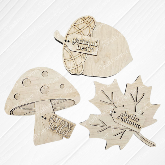 Janet's Craft Corner Fall Chunky Mini Shelf Sitters DIY kit lets you craft your choice of 3 seasonal designs—acorn, mushroom, or leaf—each with engraved details, perfect for autumn decor or creative display.