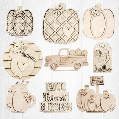 The Fall Harvest Mini Shelf Sitters by Janet's Craft Corner is a DIY seasonal home decor craft kit featuring your choice of 9 unique unfinished wooden cutouts, including pumpkins, trucks, mugs, signs, and more—perfect for autumn decorating.